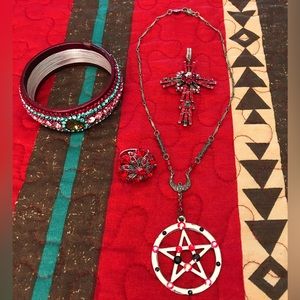❤️‍🔥RED Cross Pendant Pentagram Necklace Bracelet-Bangle Ring Mutli-Rhinestones